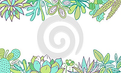 Rectangular frame with houseplants, cactuses and succulents on top and bottom. Vector hand drawn color sketch illustration Vector Illustration